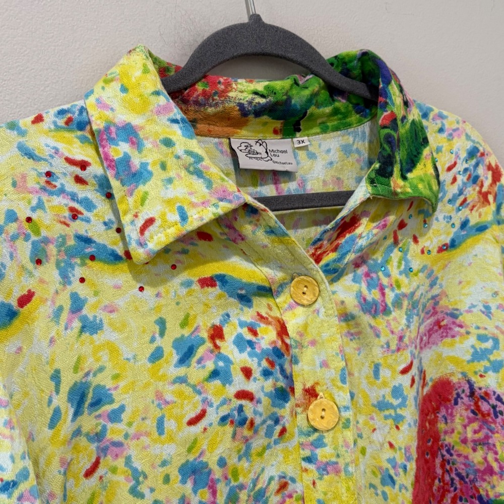 Michael Leu Button Down Shirt Women 3X Multicolor Abstract Art Sequin Cotton - Picture 5 of 9